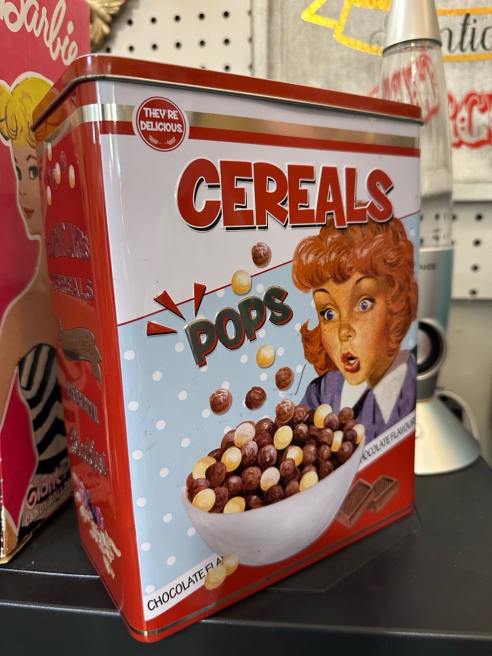 Retro Cereal Tin Storage Box Cornflakes Pops Vintage Style Kitchen Decor